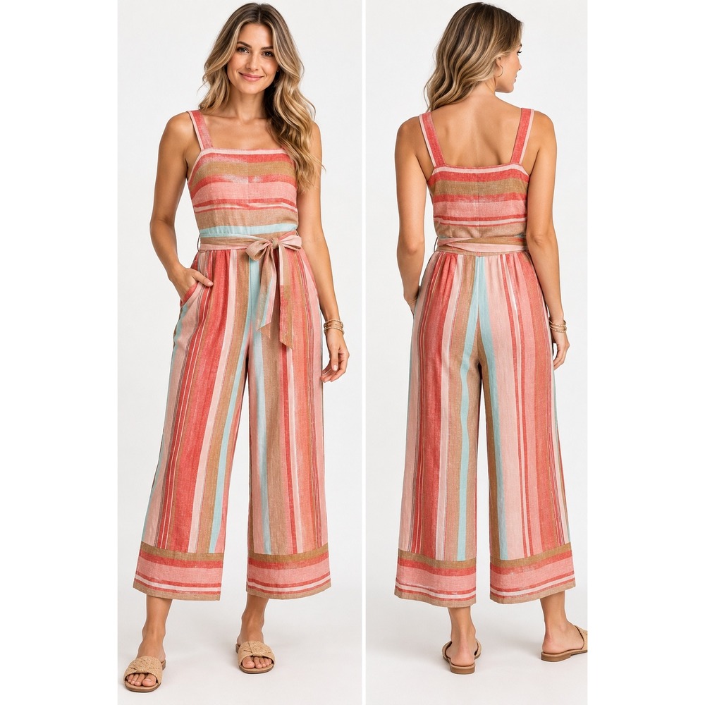 NWT Beachlunchlounge Striped Linen Blend Wide Leg Jumpsuit Sz M Coral Aqua *Flaw